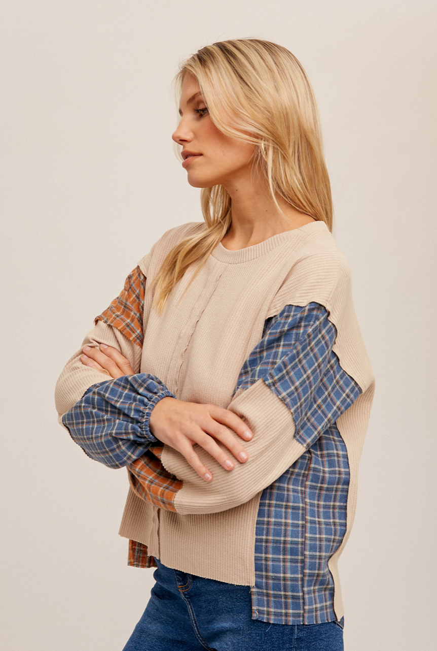 Mixed Plaid Sleeve Top