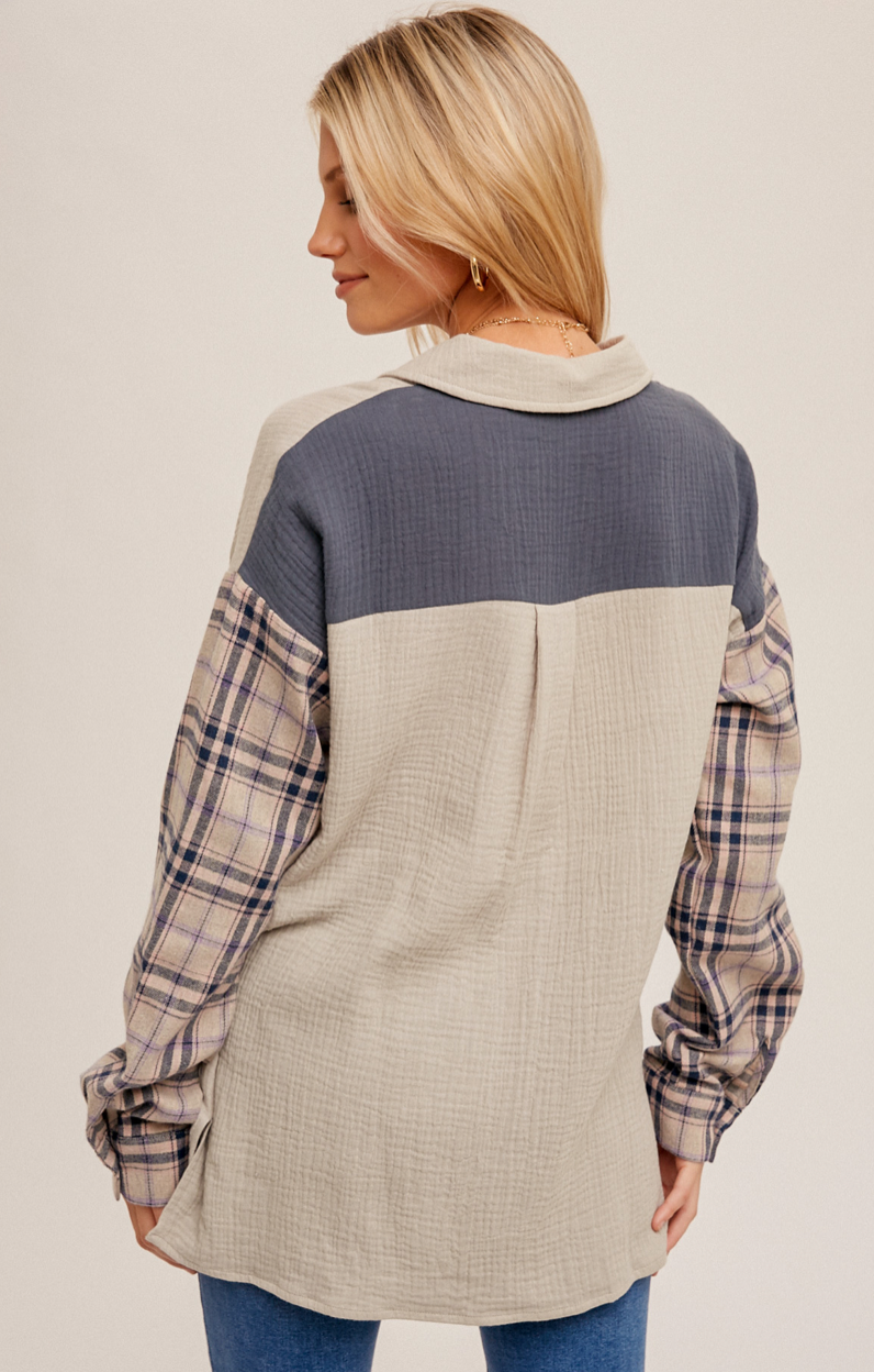 Color Block Plaid Sleeve Button Down