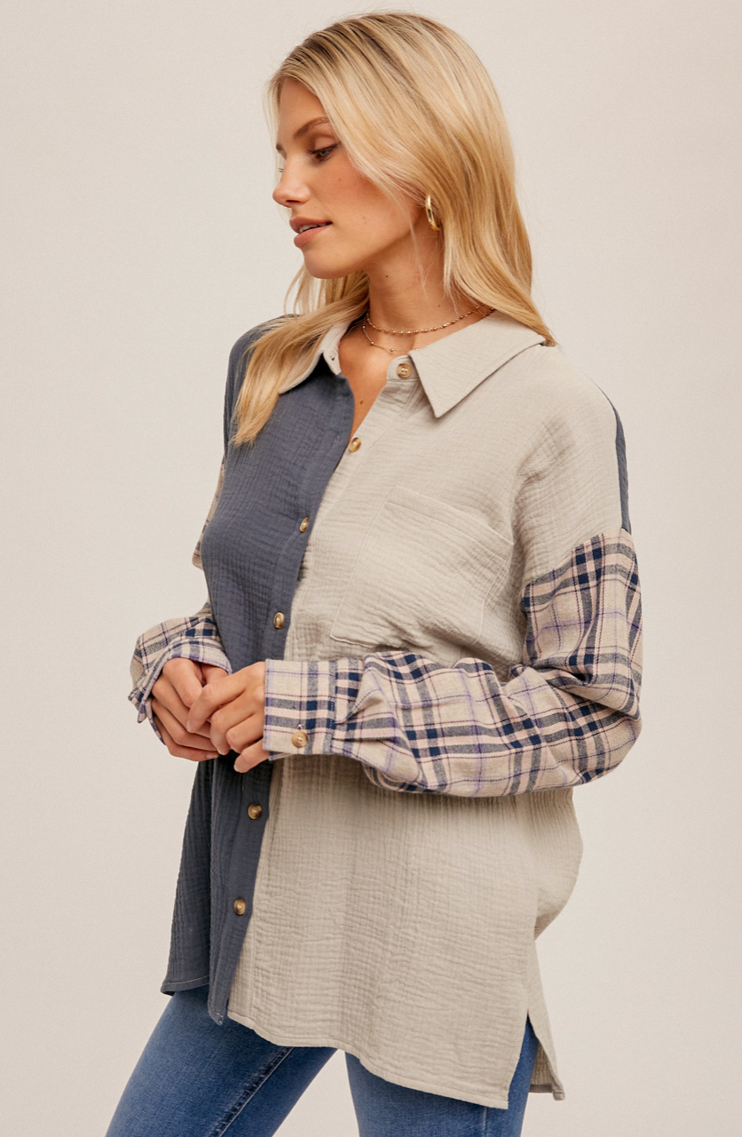 Color Block Plaid Sleeve Button Down