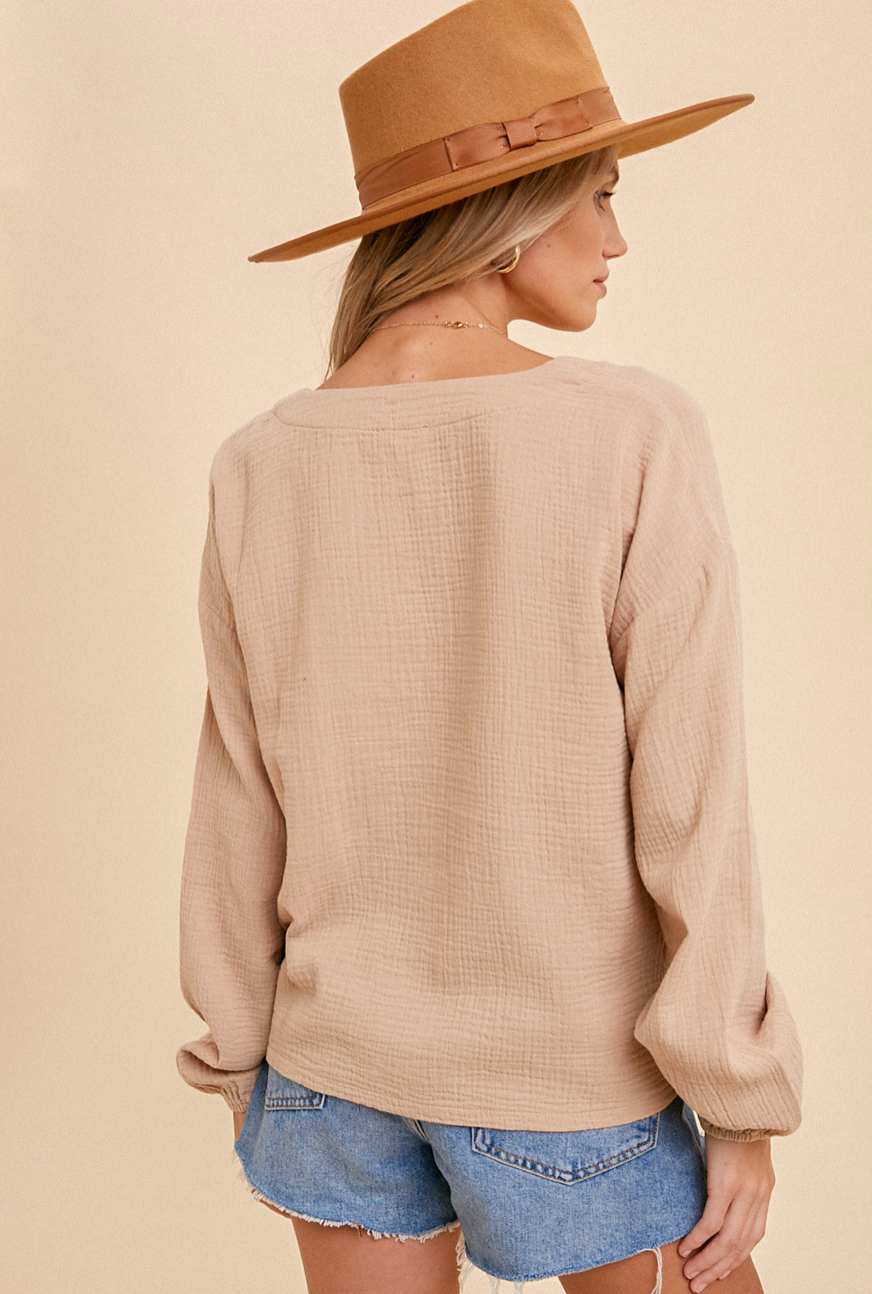 Taupe Gauze Button Up Top