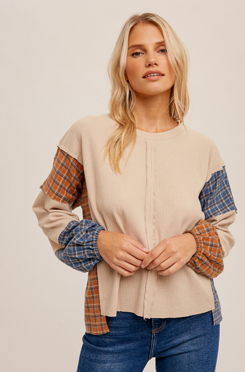 Mixed Plaid Sleeve Top