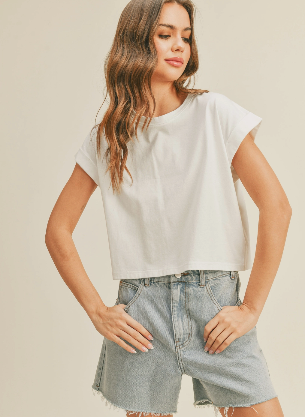 White Cuff Sleeve Crop Tee