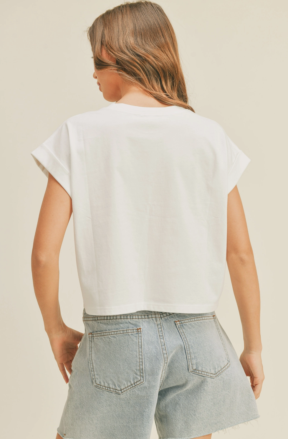White Cuff Sleeve Crop Tee