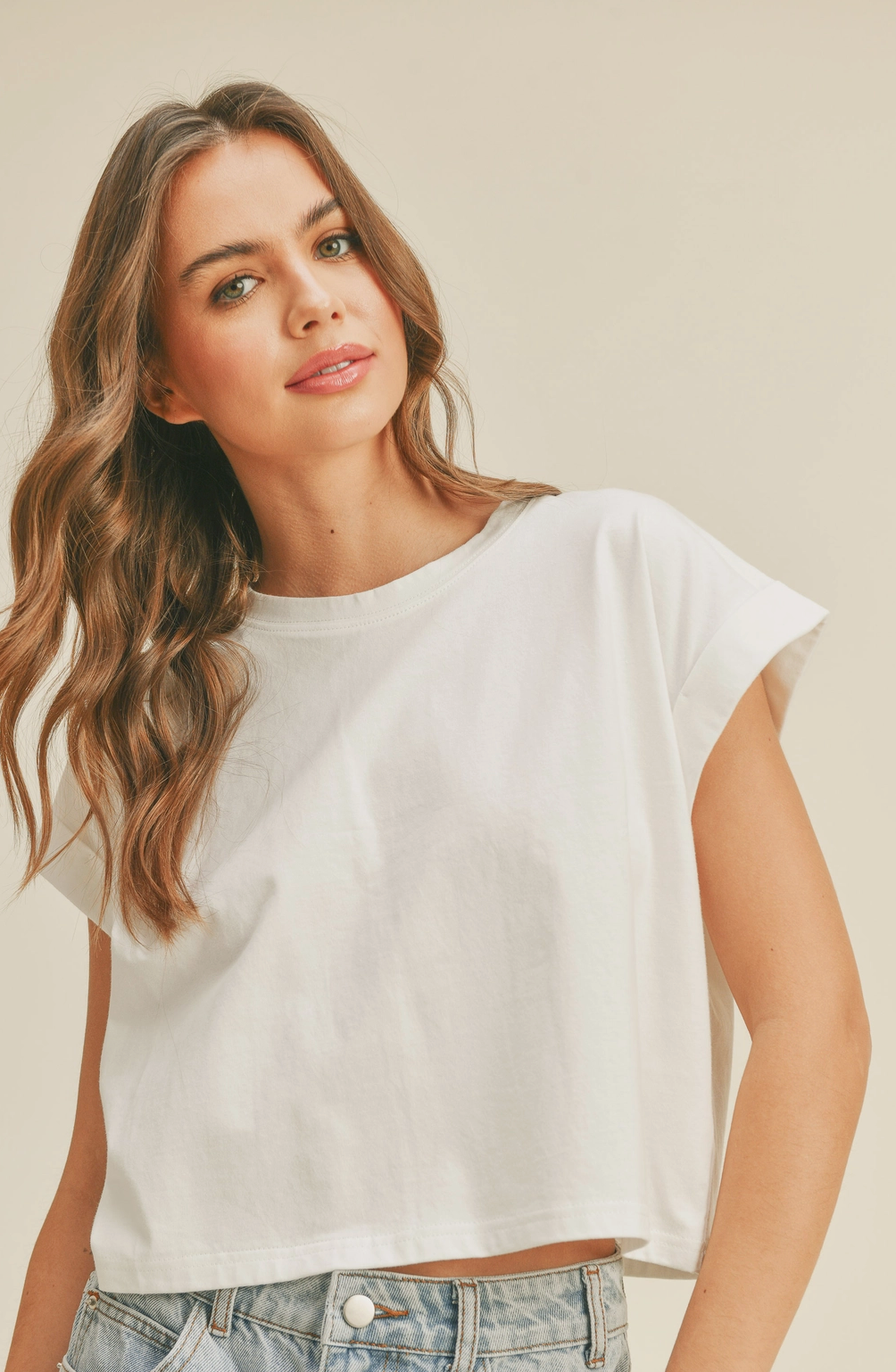 White Cuff Sleeve Crop Tee