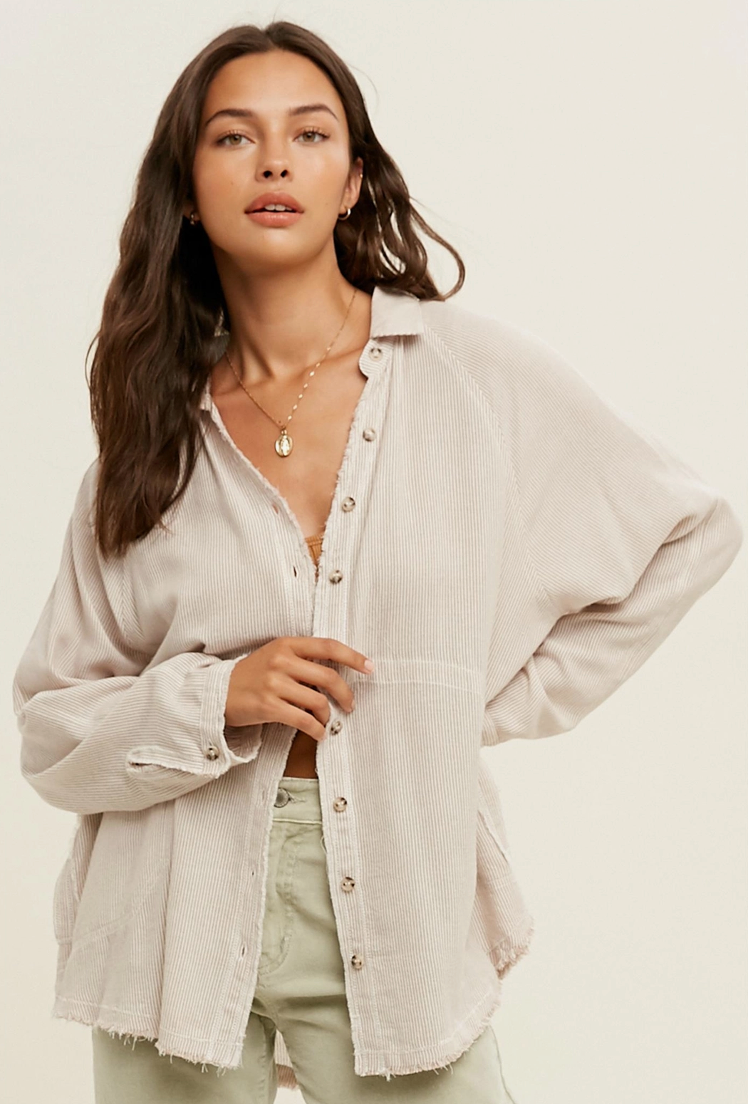 Taupe Stripe Distressed Shirt