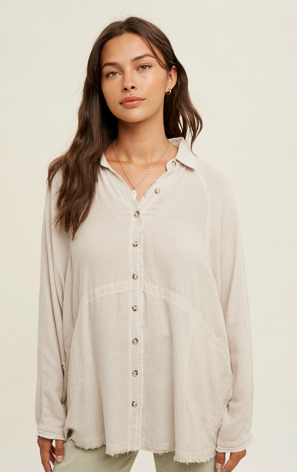 Taupe Stripe Distressed Shirt