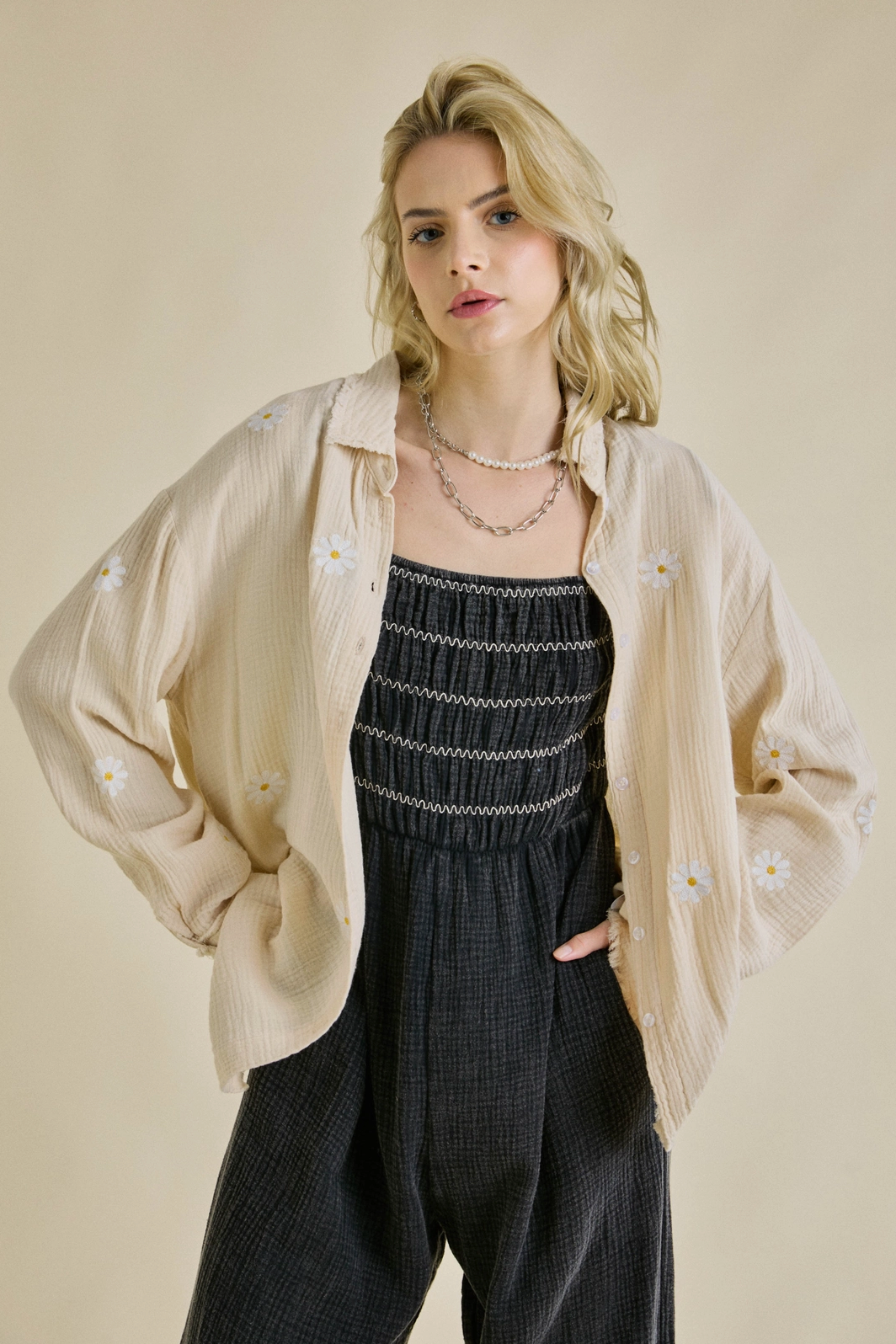 Taupe Daisy Button Down