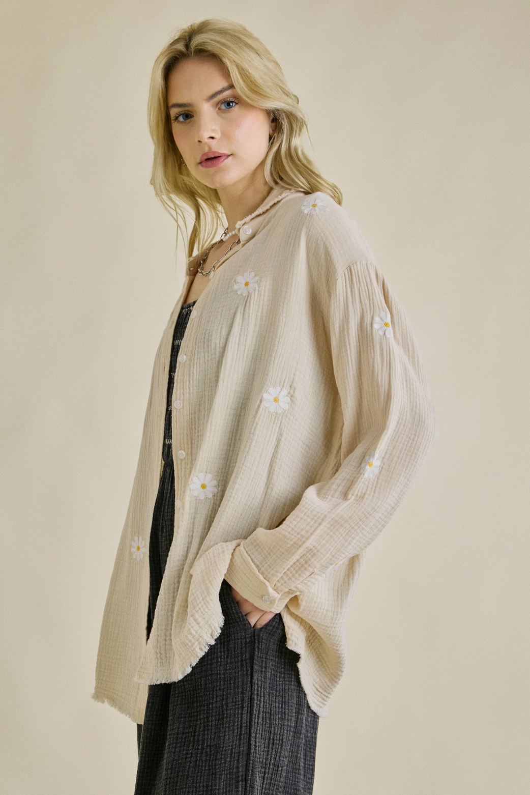 Taupe Daisy Button Down