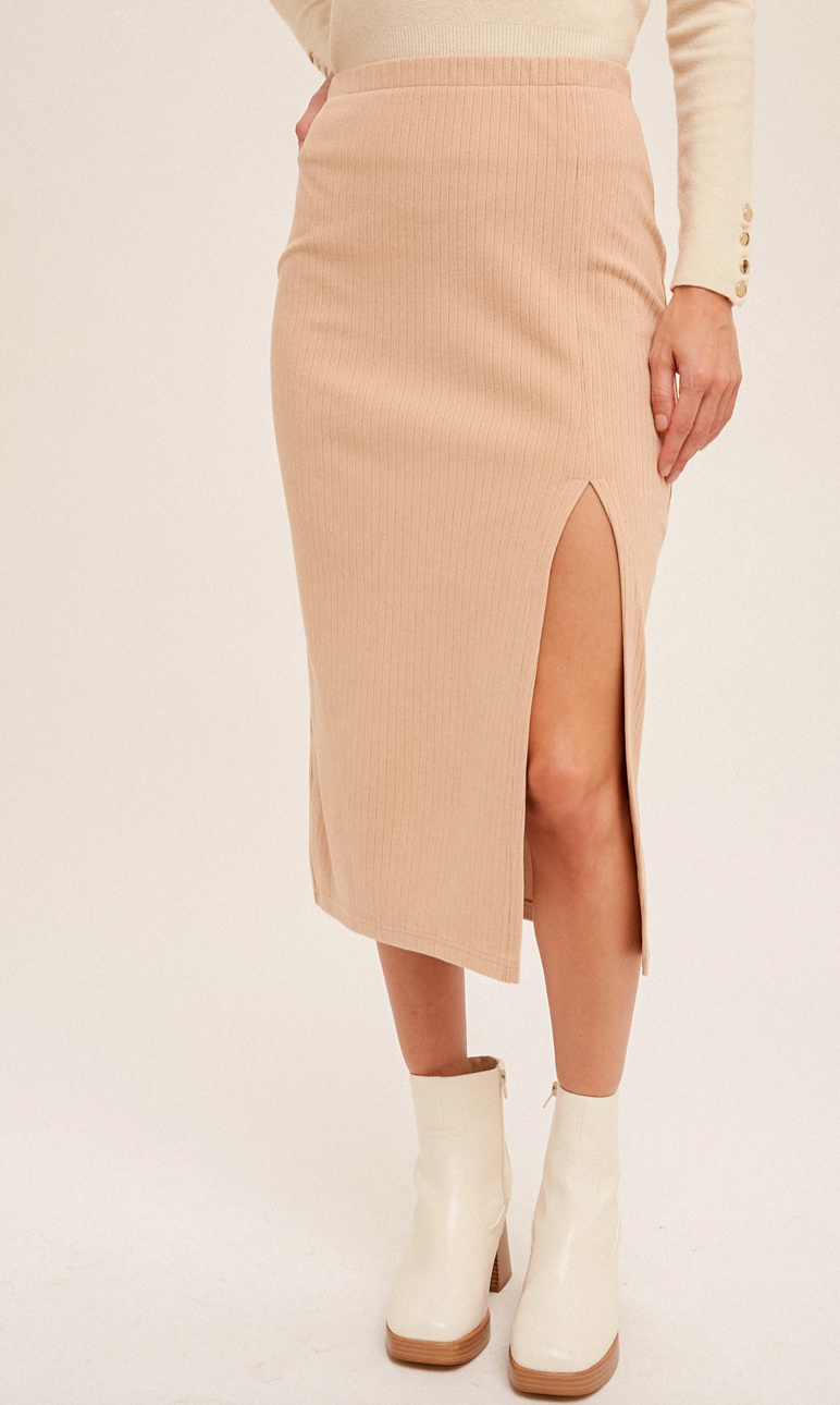 Soft Ribbed Slit Midi Skirt