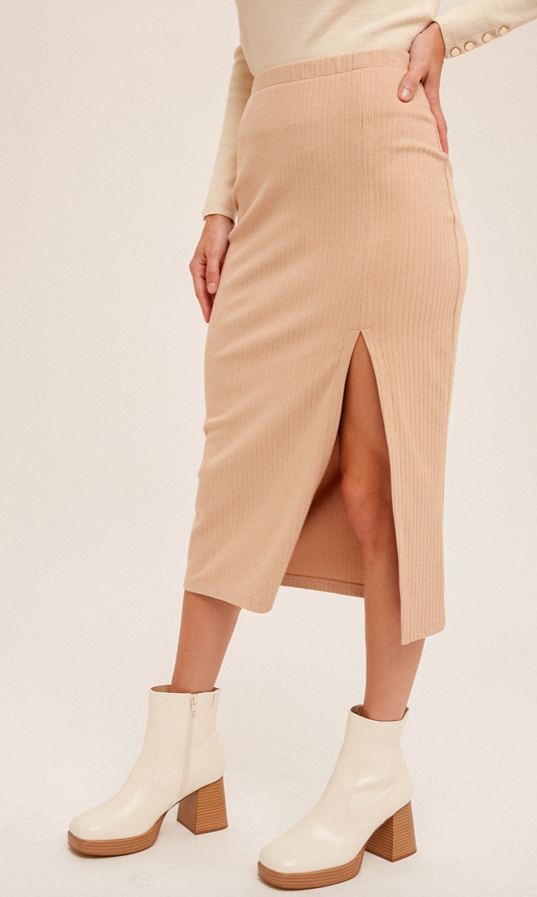 Soft Ribbed Slit Midi Skirt