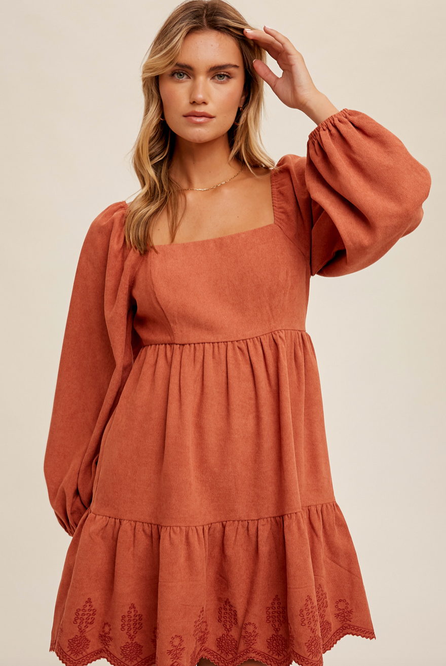 Cinnamon Corduroy Babydoll Dress