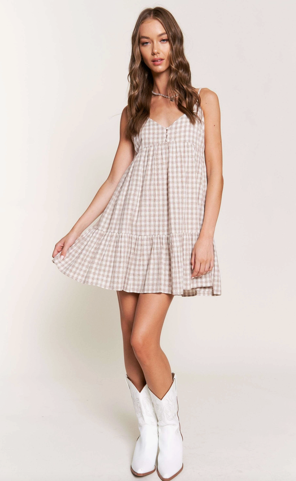 Brown Checkered Plaid Mini Dress