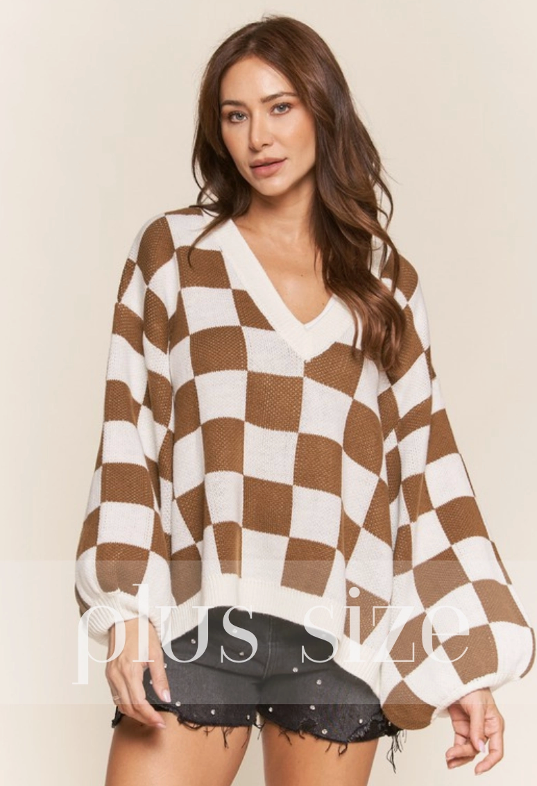 Plus Mocha Checkered Sweater