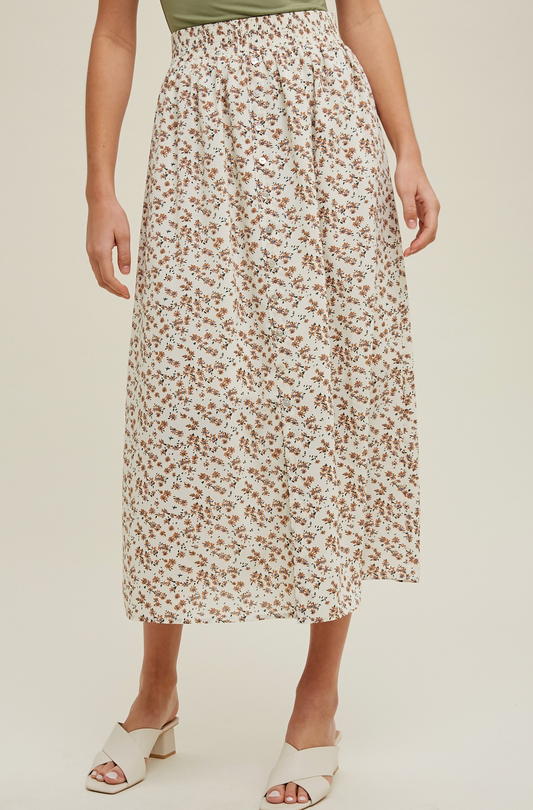 Floral Buttoned Midi Skirt