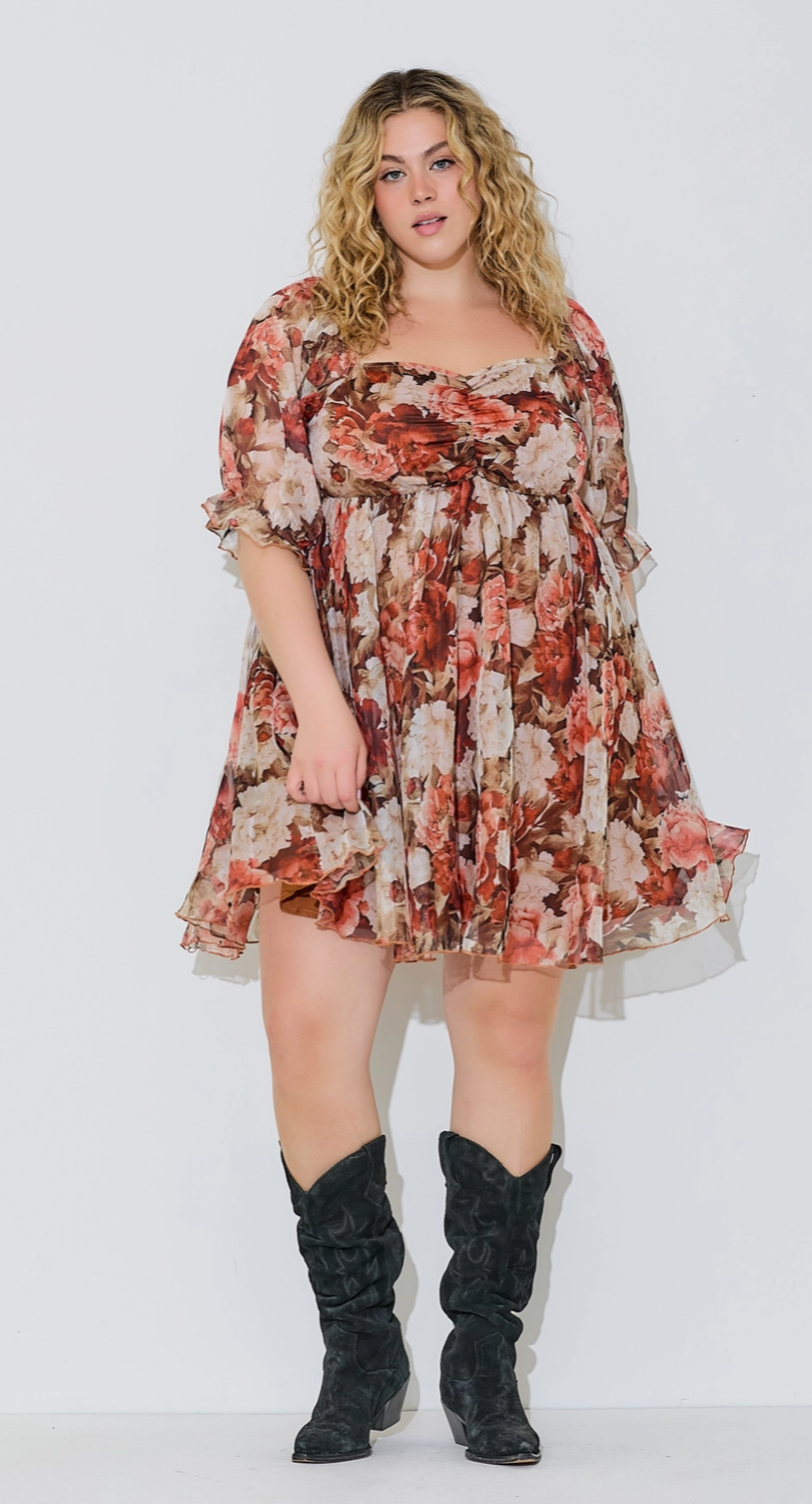 Plus Floral Puff Sleeve Mini Dress