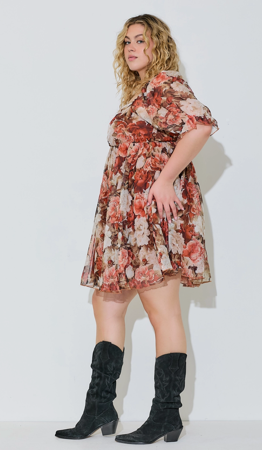 Plus Floral Puff Sleeve Mini Dress
