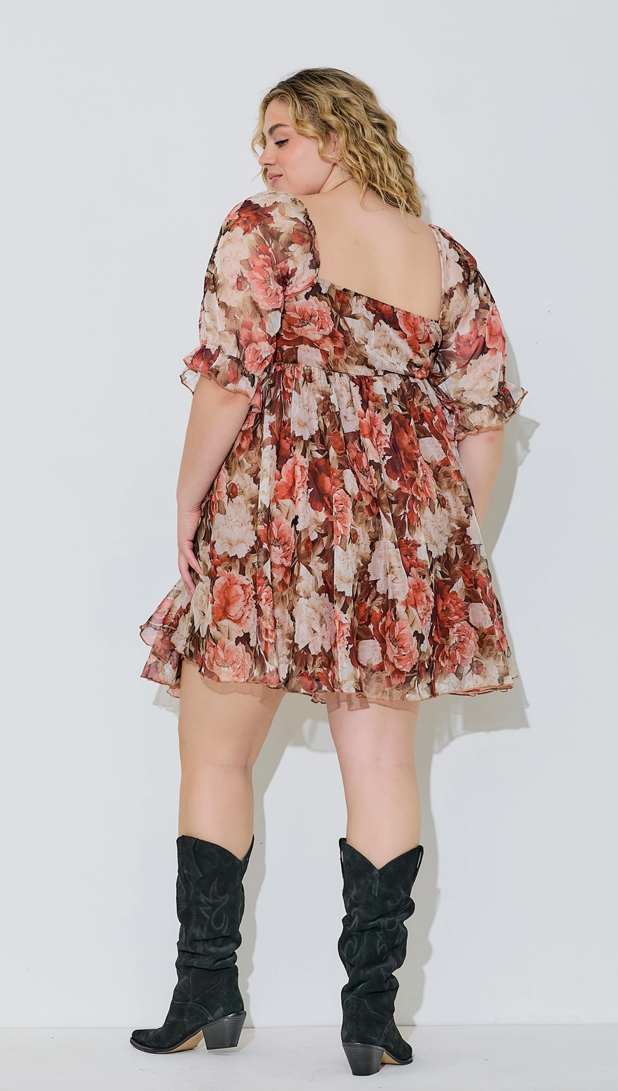 Plus Floral Puff Sleeve Mini Dress