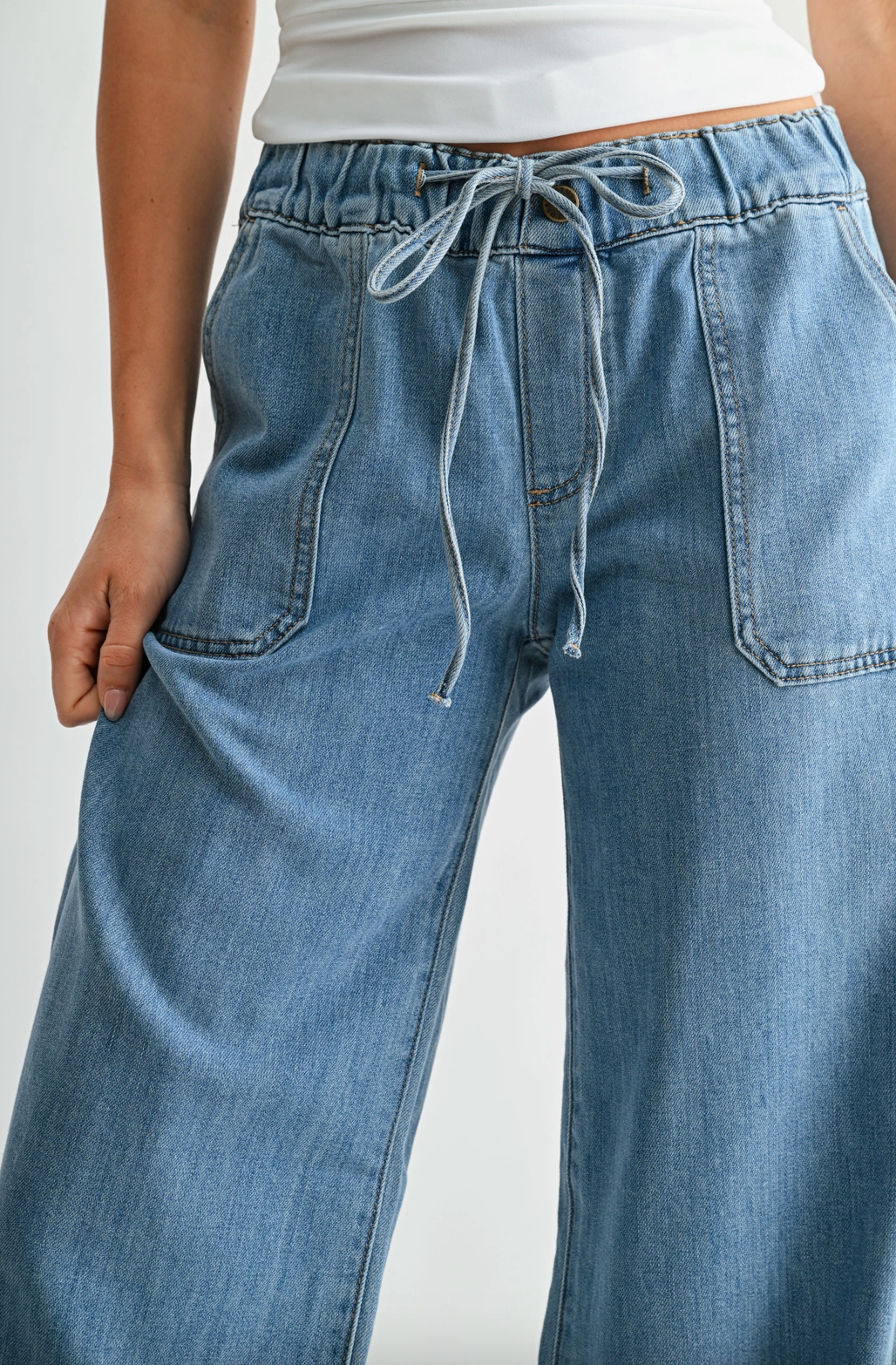 Drawstring Utility Pocket Wide Leg Jeans