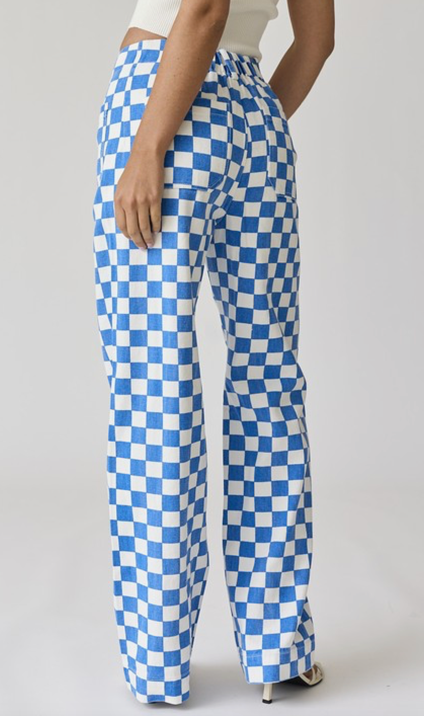 Blue Checkered Denim Pants