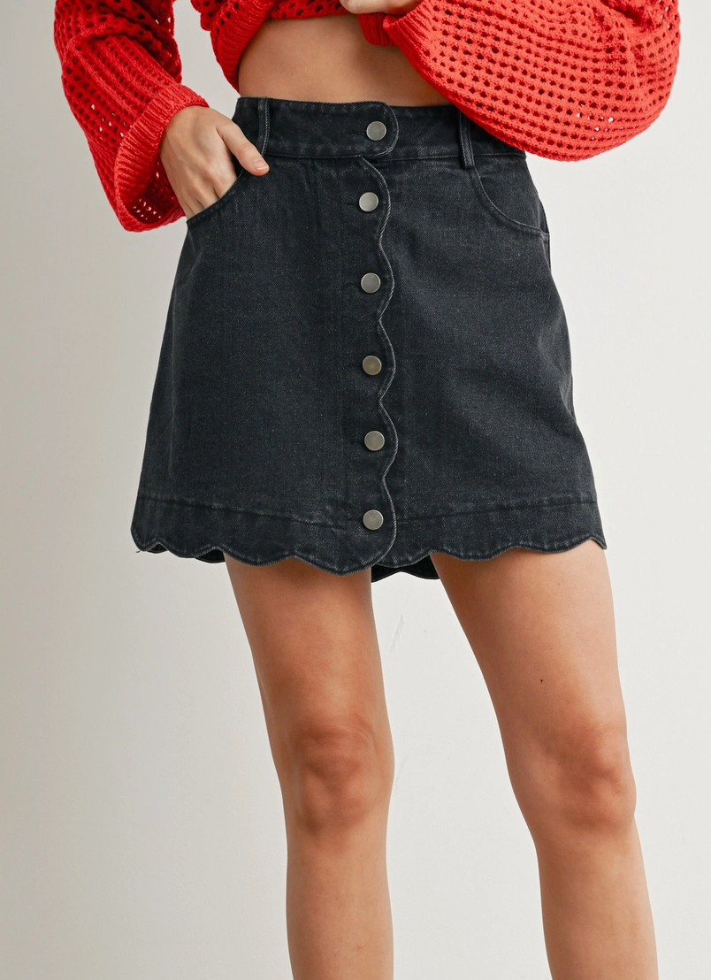 Black Scalloped Denim Skirt