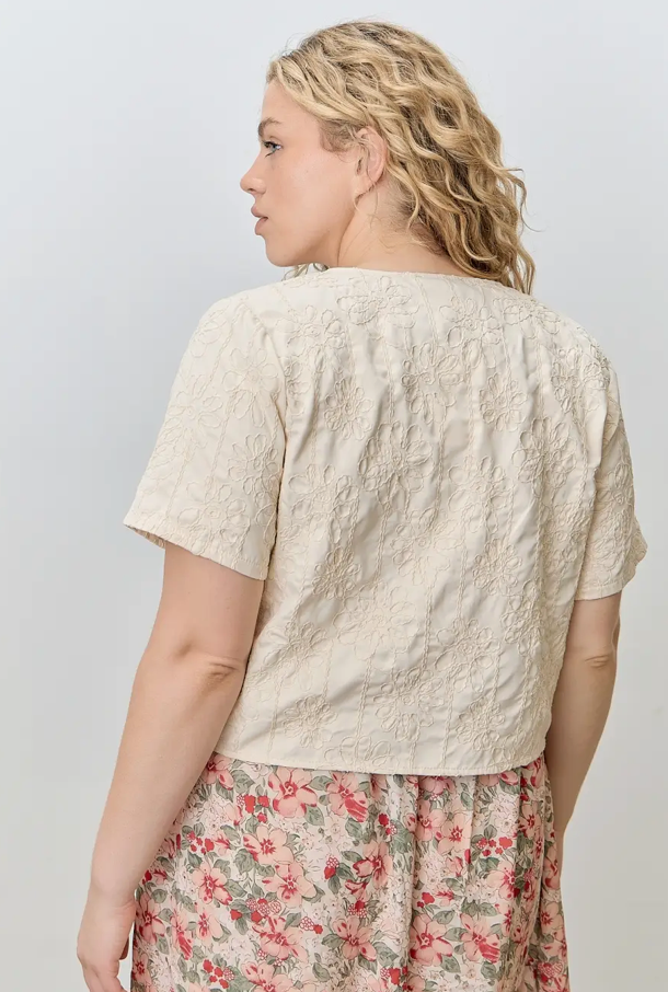 Plus Tie Front Embroidered Flower Top