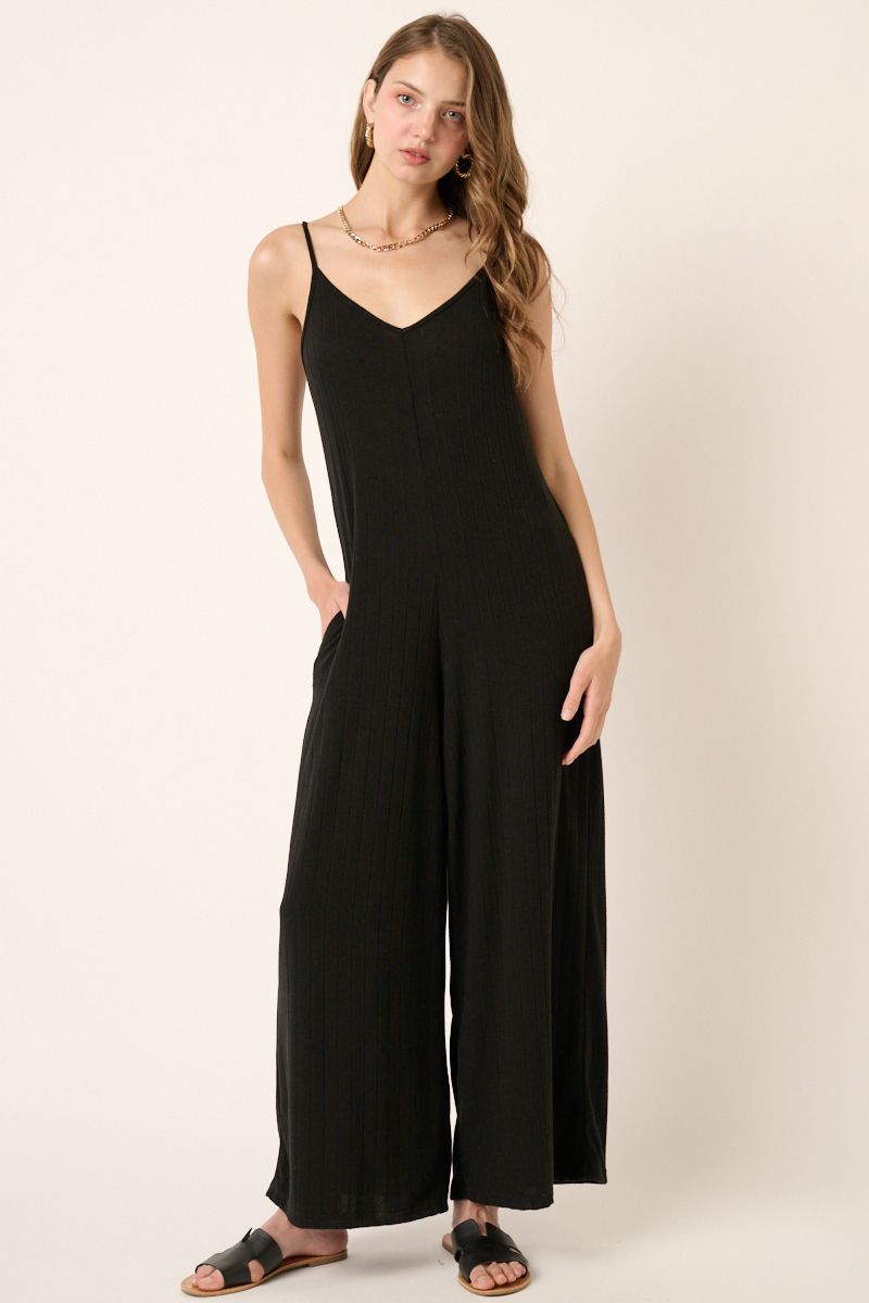 Black Wide Rib Knit Jumpsuit