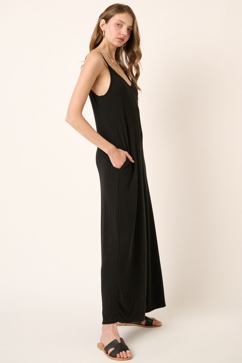 Black Wide Rib Knit Jumpsuit