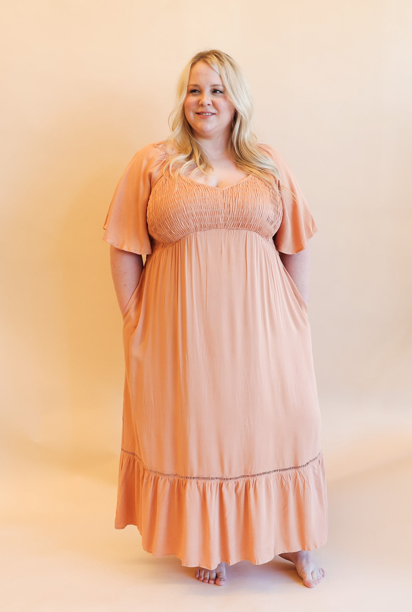 Coral Smocked Midi Dress
