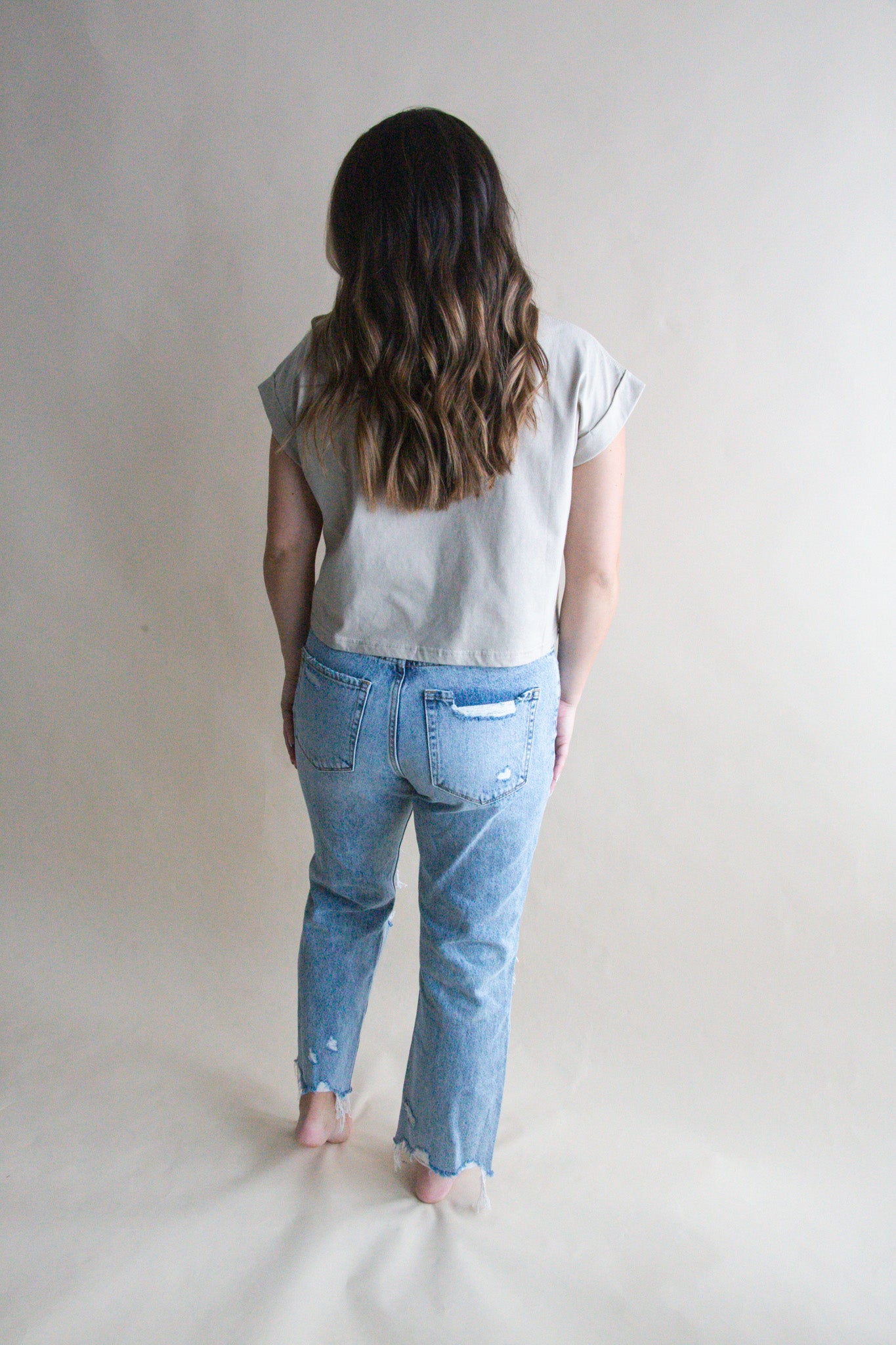 Stone Cuffed Sleeve Crop Tee