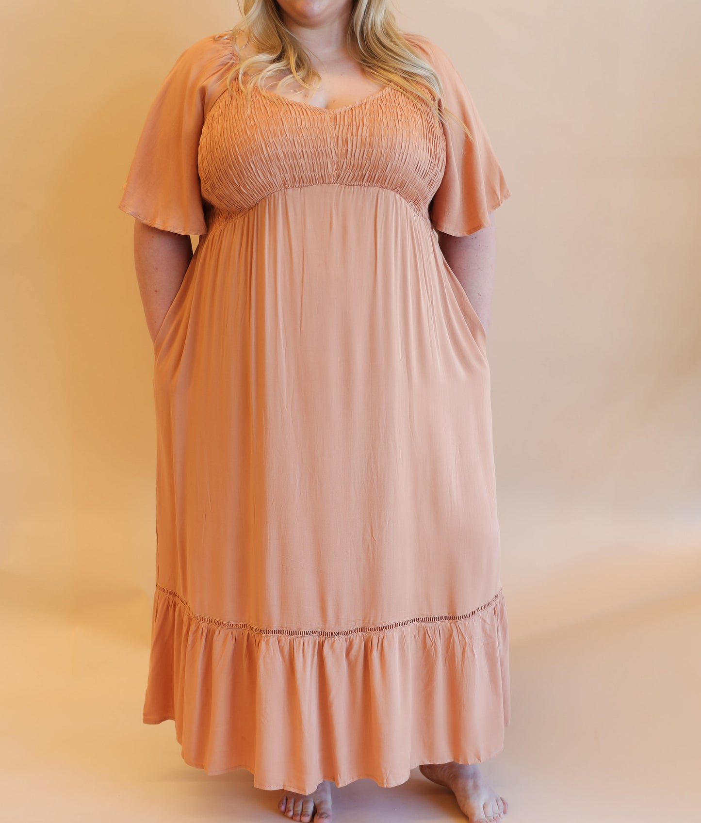 Coral Smocked Midi Dress