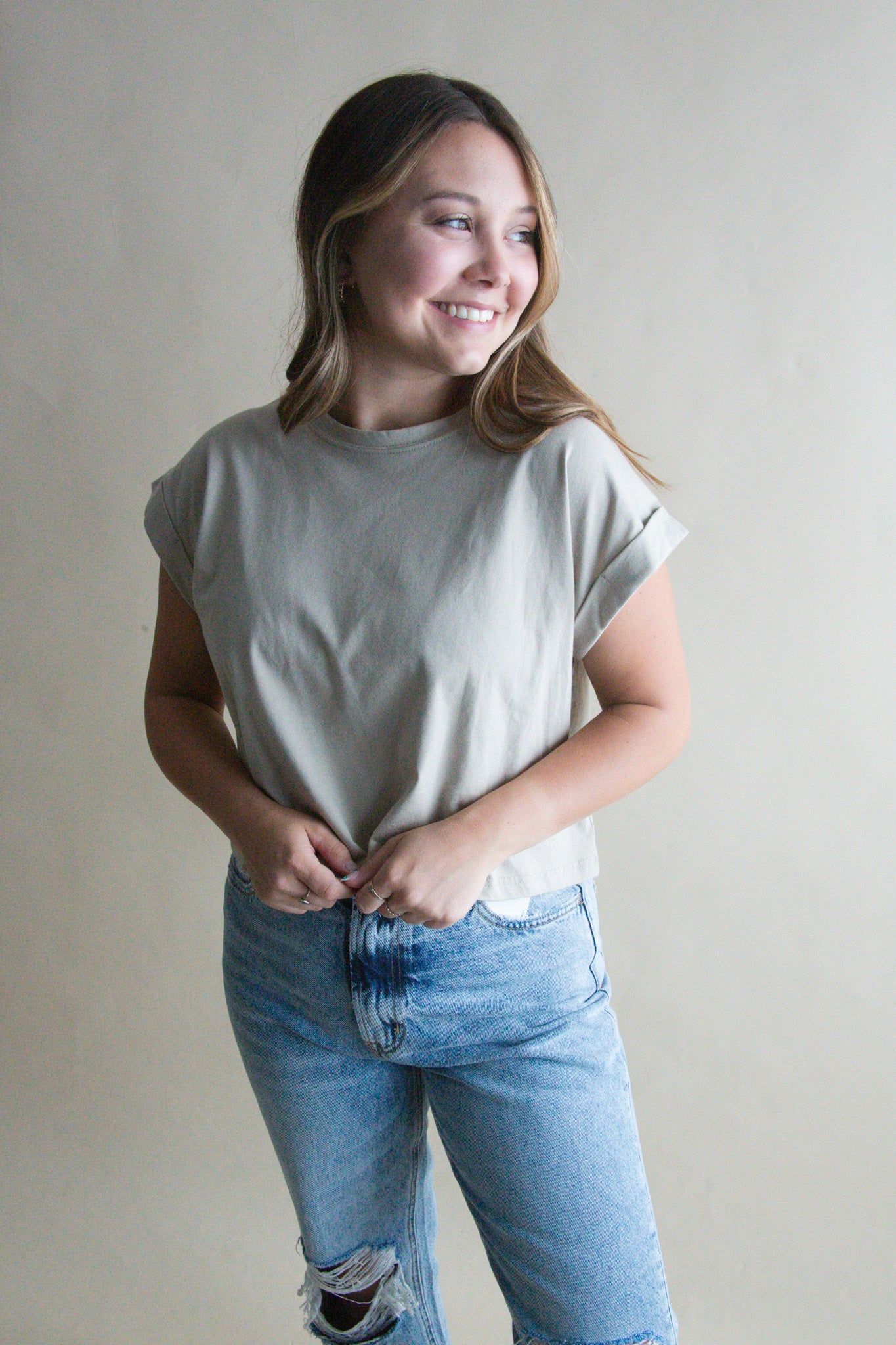Stone Cuffed Sleeve Crop Tee