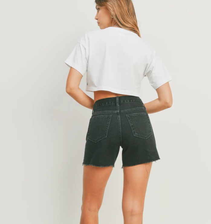 Distressed High Rise Black Denim Shorts