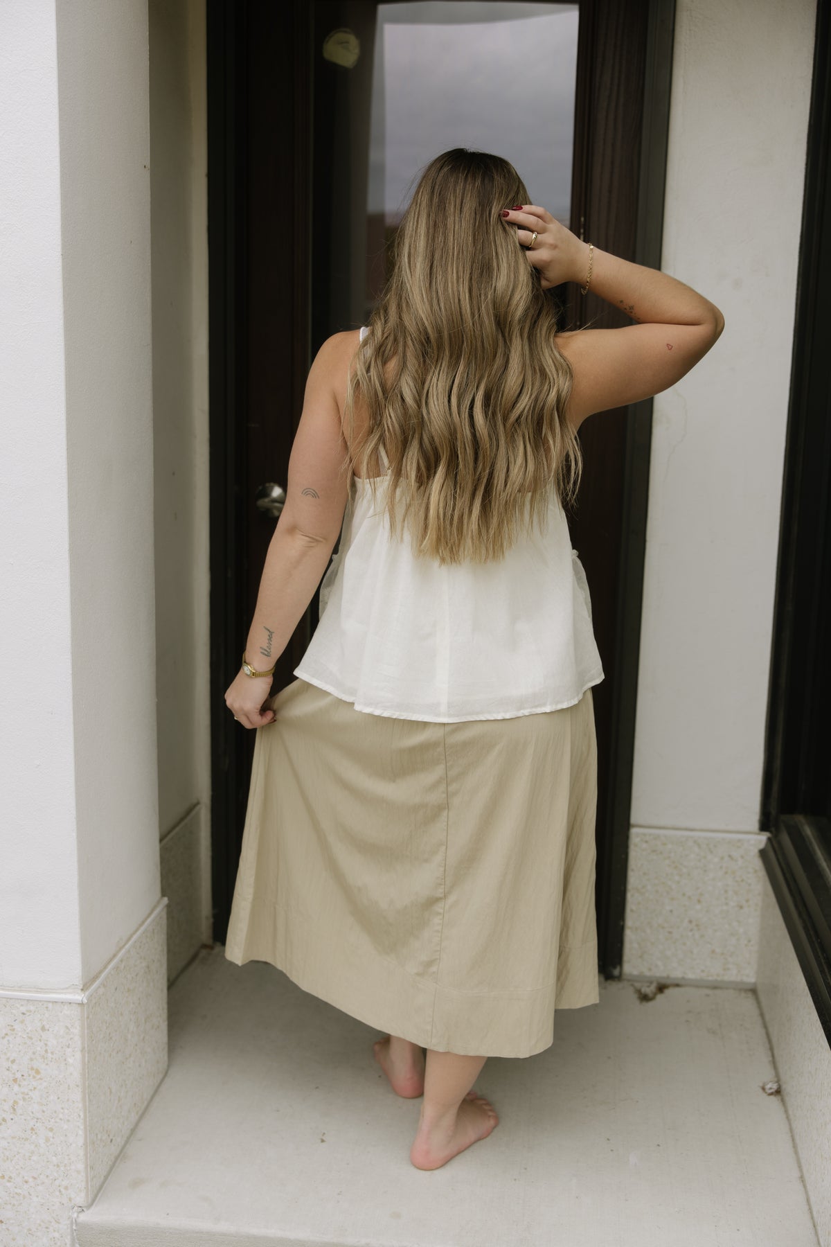 Elastic Waist Flowy Midi Skirt