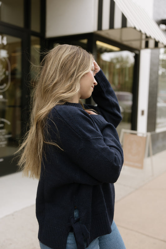 Navy Tie Split Hem Sweater