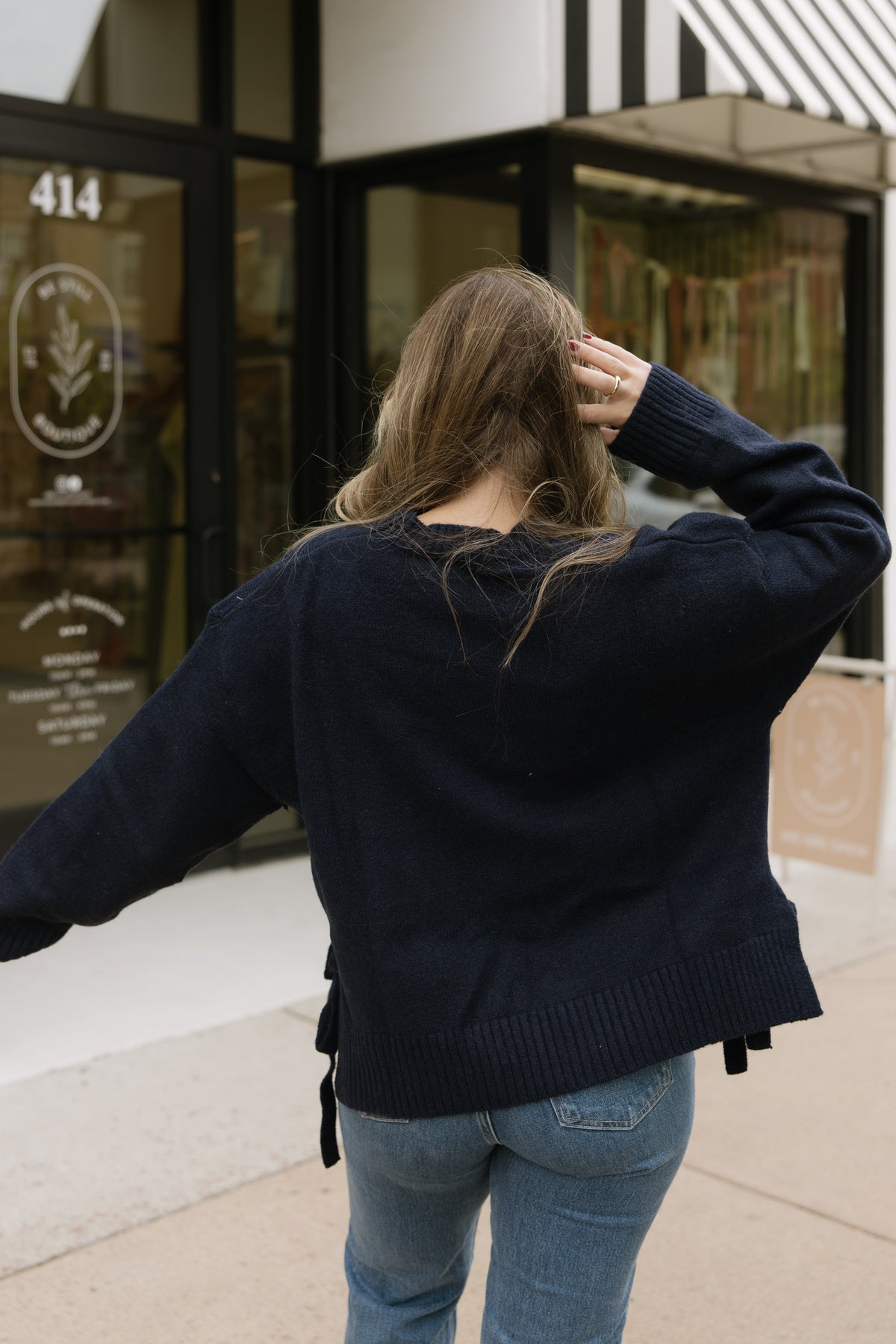 Navy Tie Split Hem Sweater