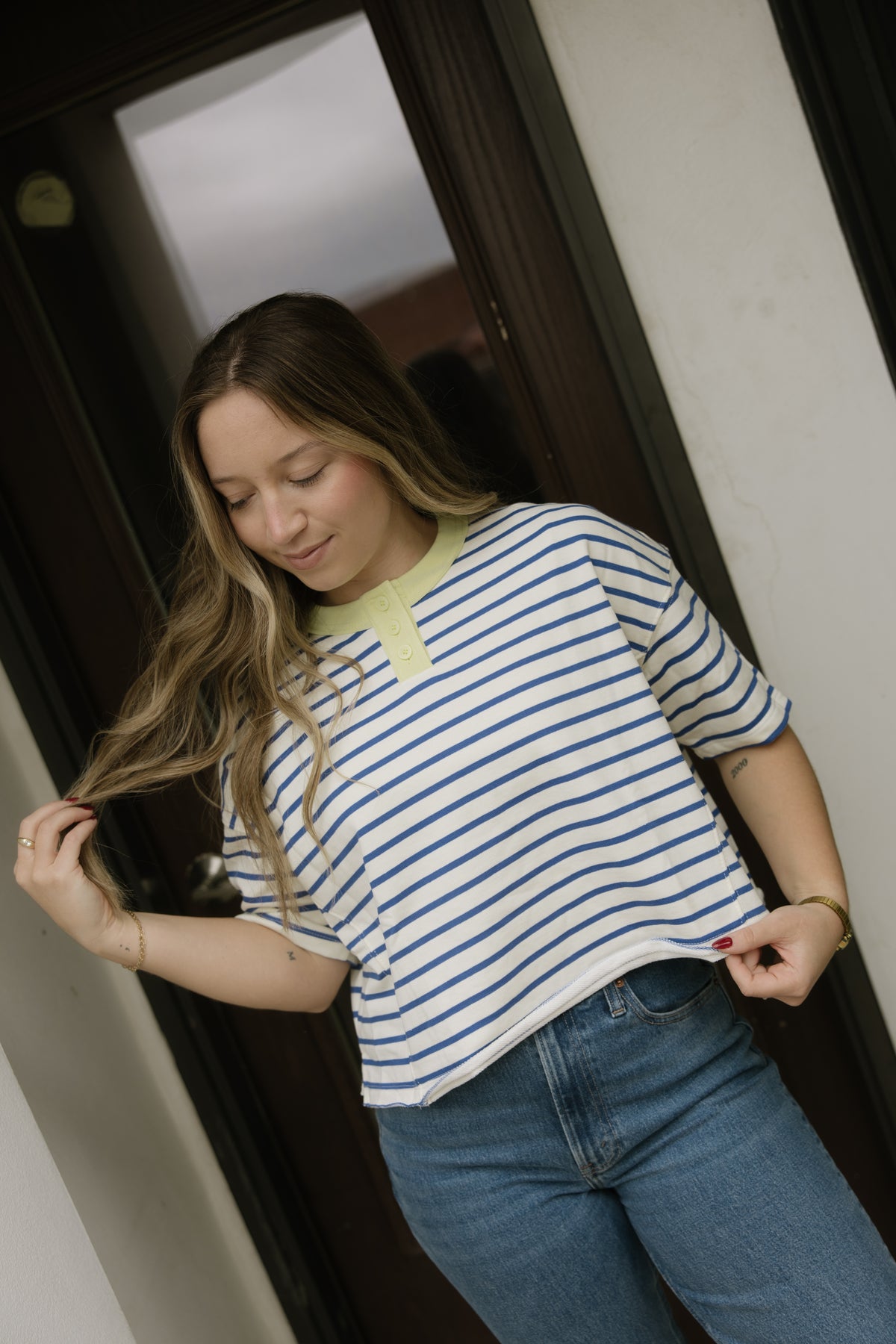 Stripe Henley Boxy Crop