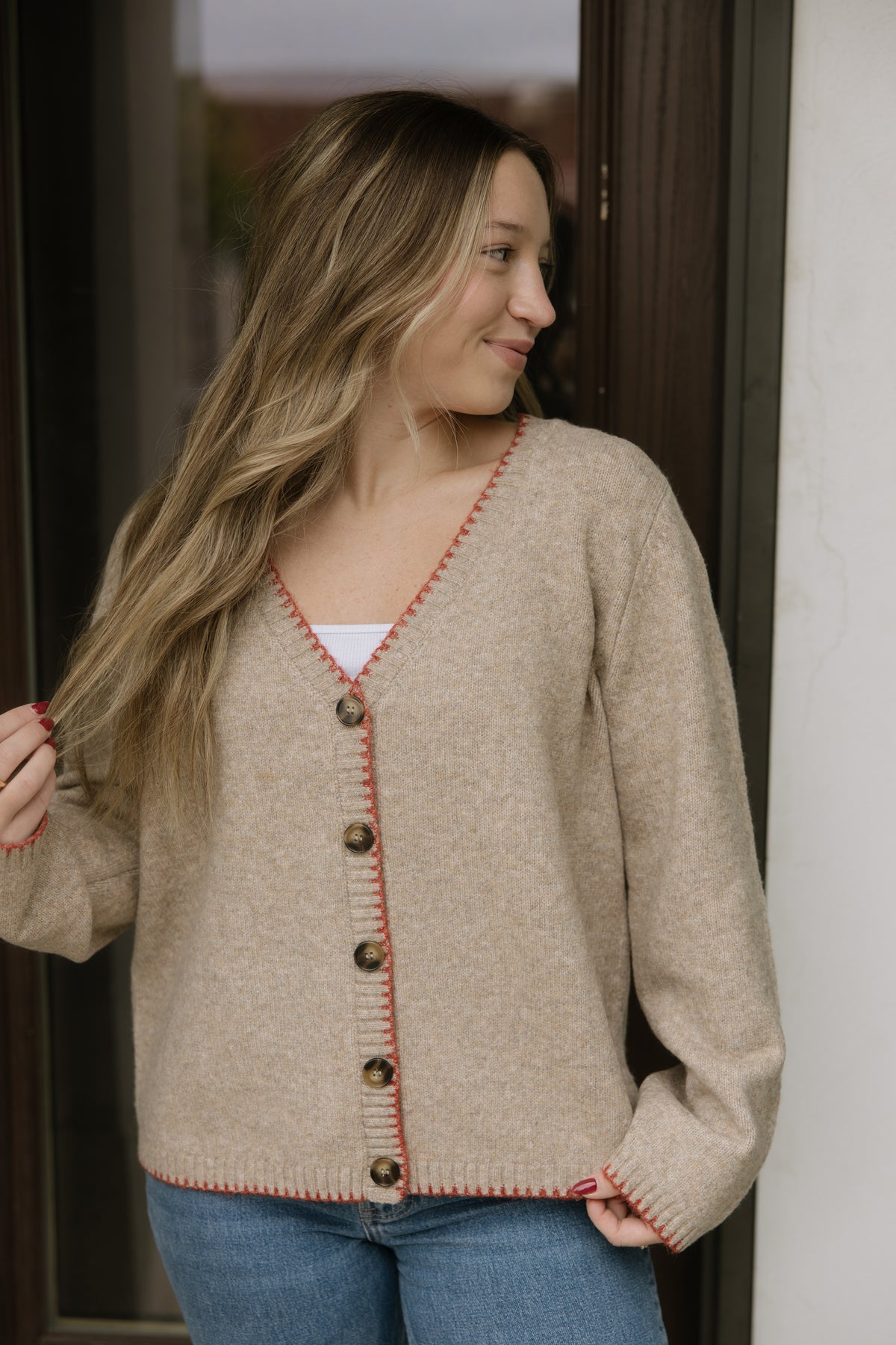 Taupe Stitch Detail Cardigan