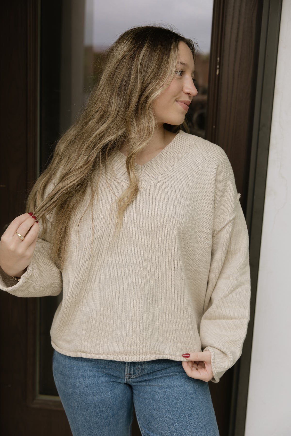 Natural Oversized V-Neck Sweater