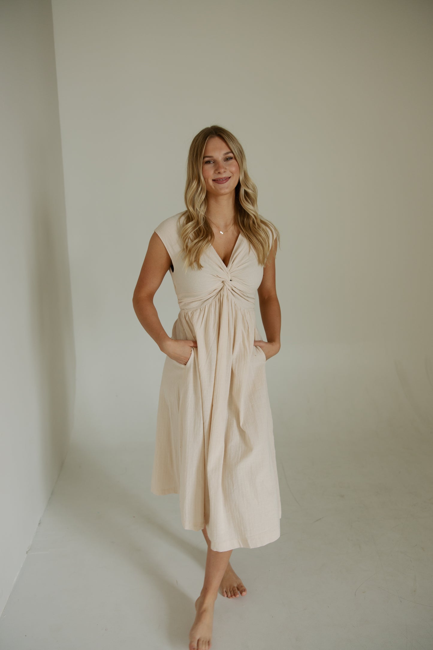 Ivory Twist Front Midi Dress