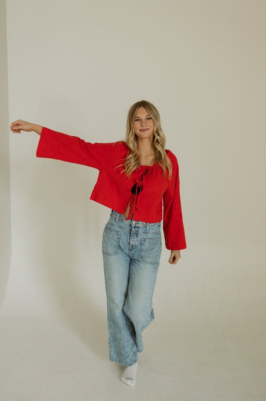 Red Linen Tie Front Top