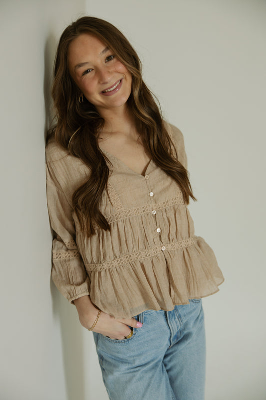 Taupe Ruffle Detail Blouse