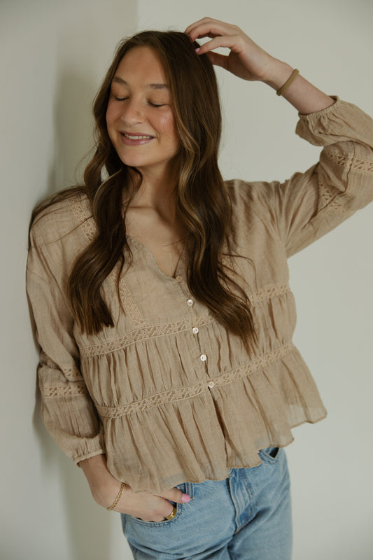 Taupe Ruffle Detail Blouse