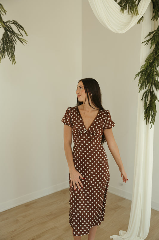 Brown Polka Dot Midi Dress