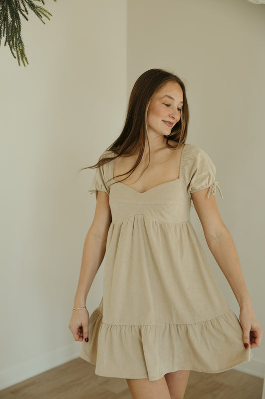 Taupe Puff Sleeve Sweatheart Dress