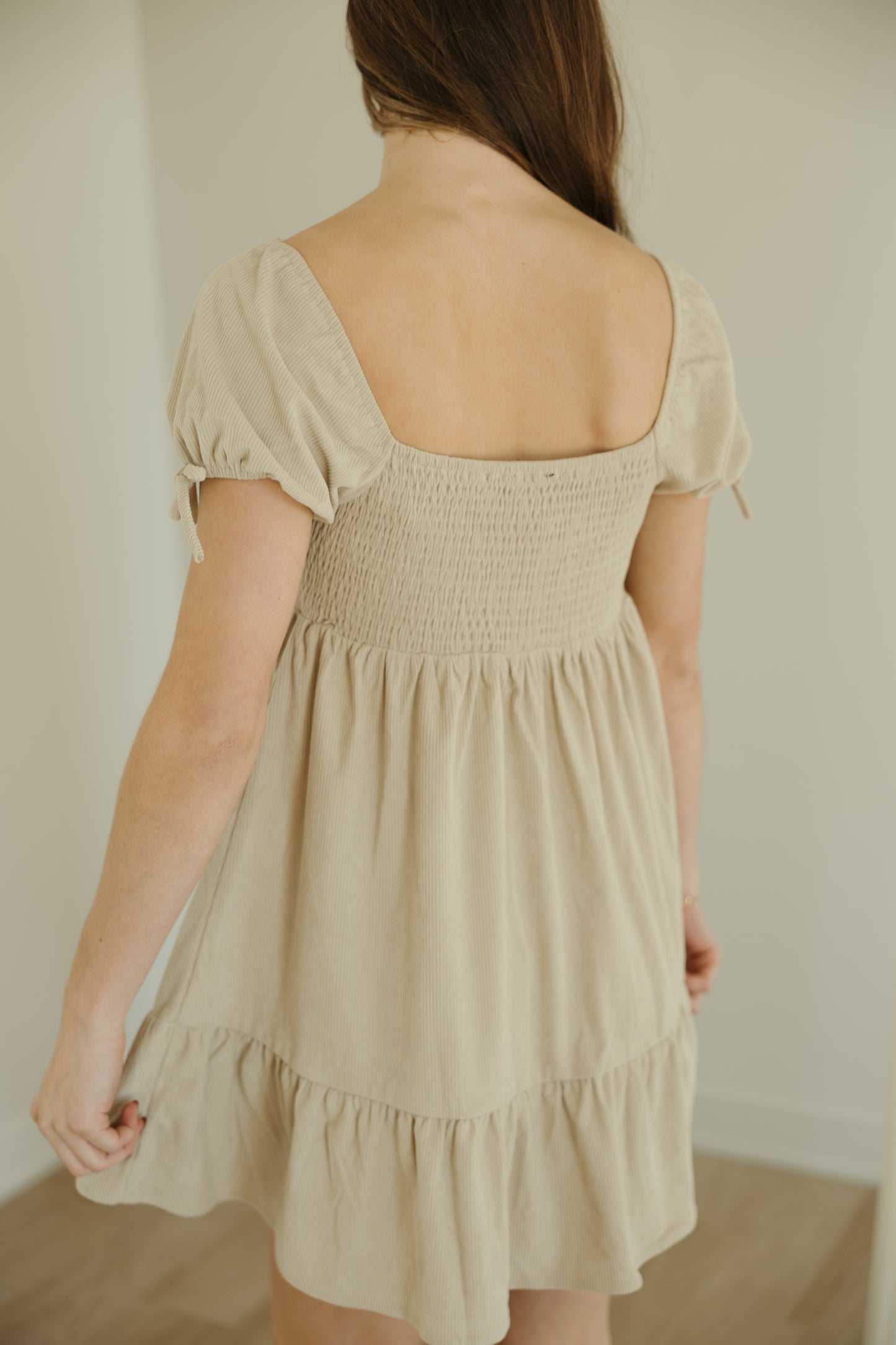 Taupe Puff Sleeve Sweatheart Dress