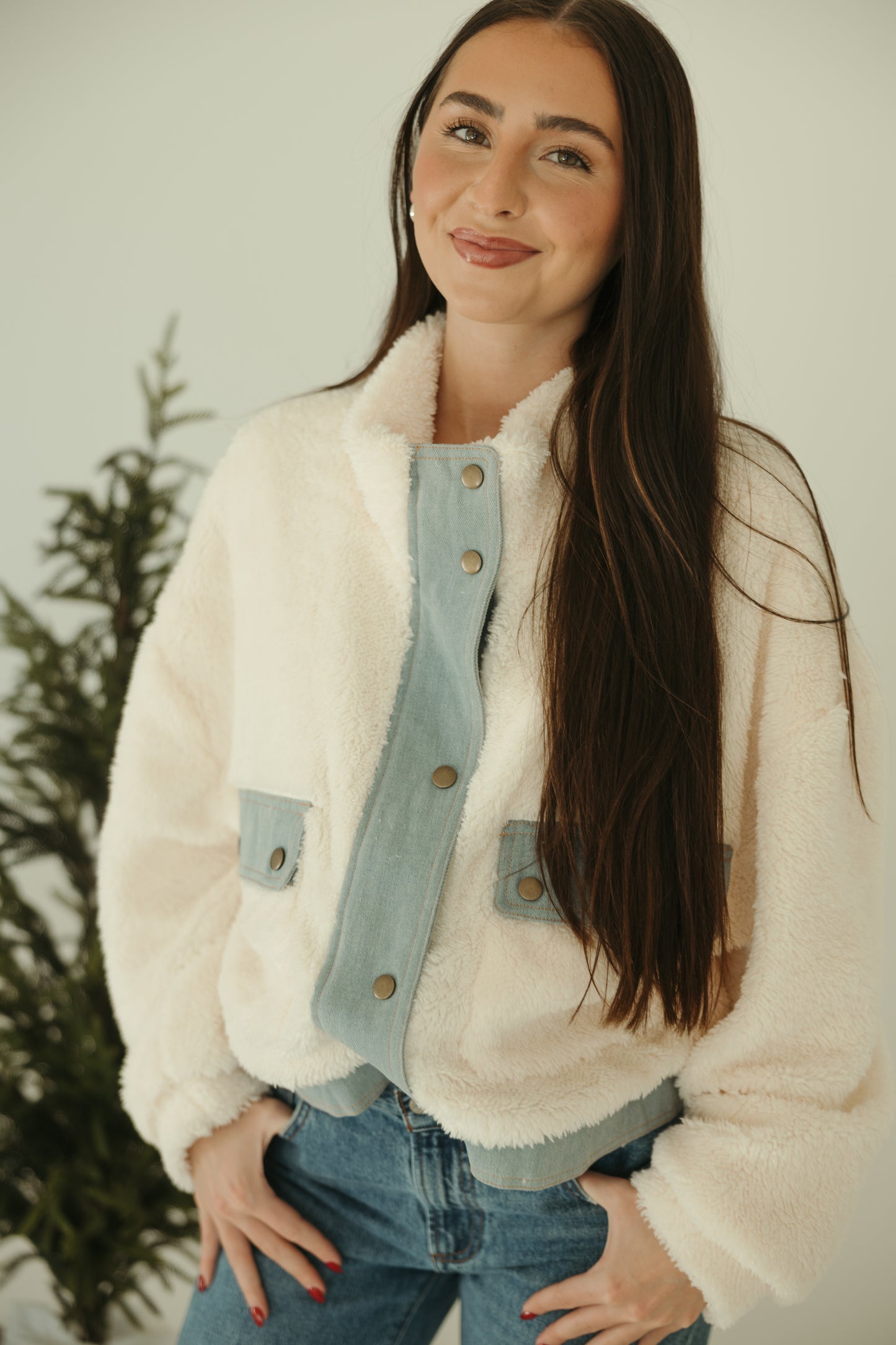 Denim Detail Fuzzy Jacket