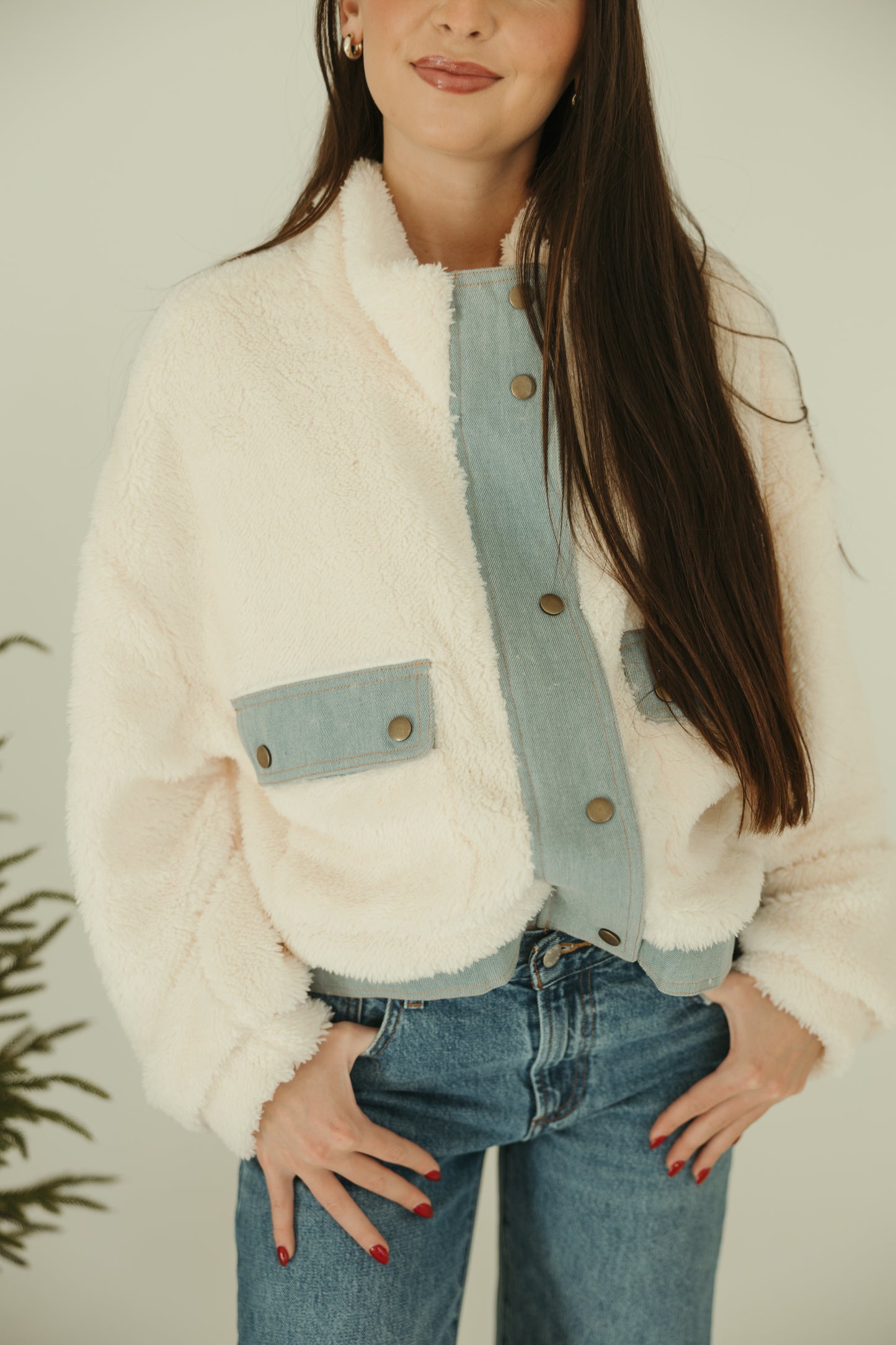 Denim Detail Fuzzy Jacket