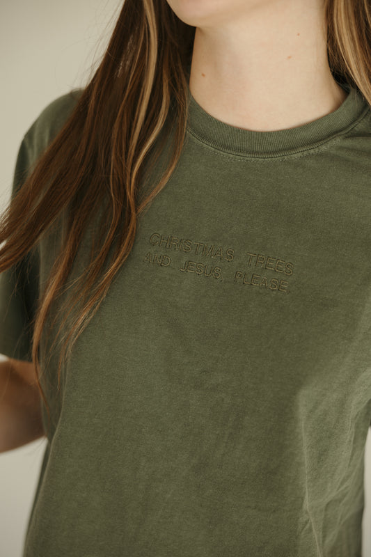 Christmas Trees & Jesus Please Embroidered Tee