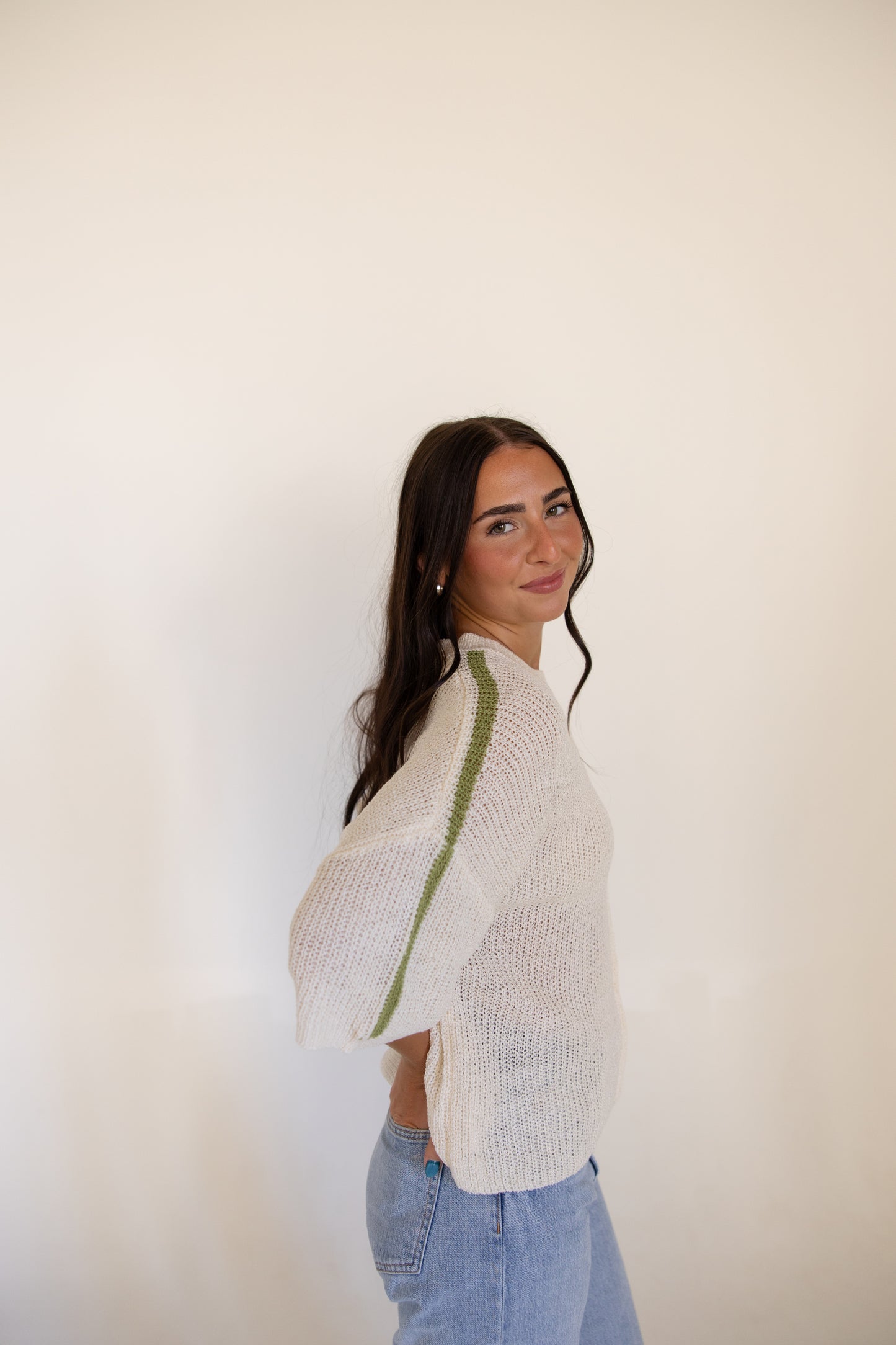 White w/Green Stripe Knit Sweater