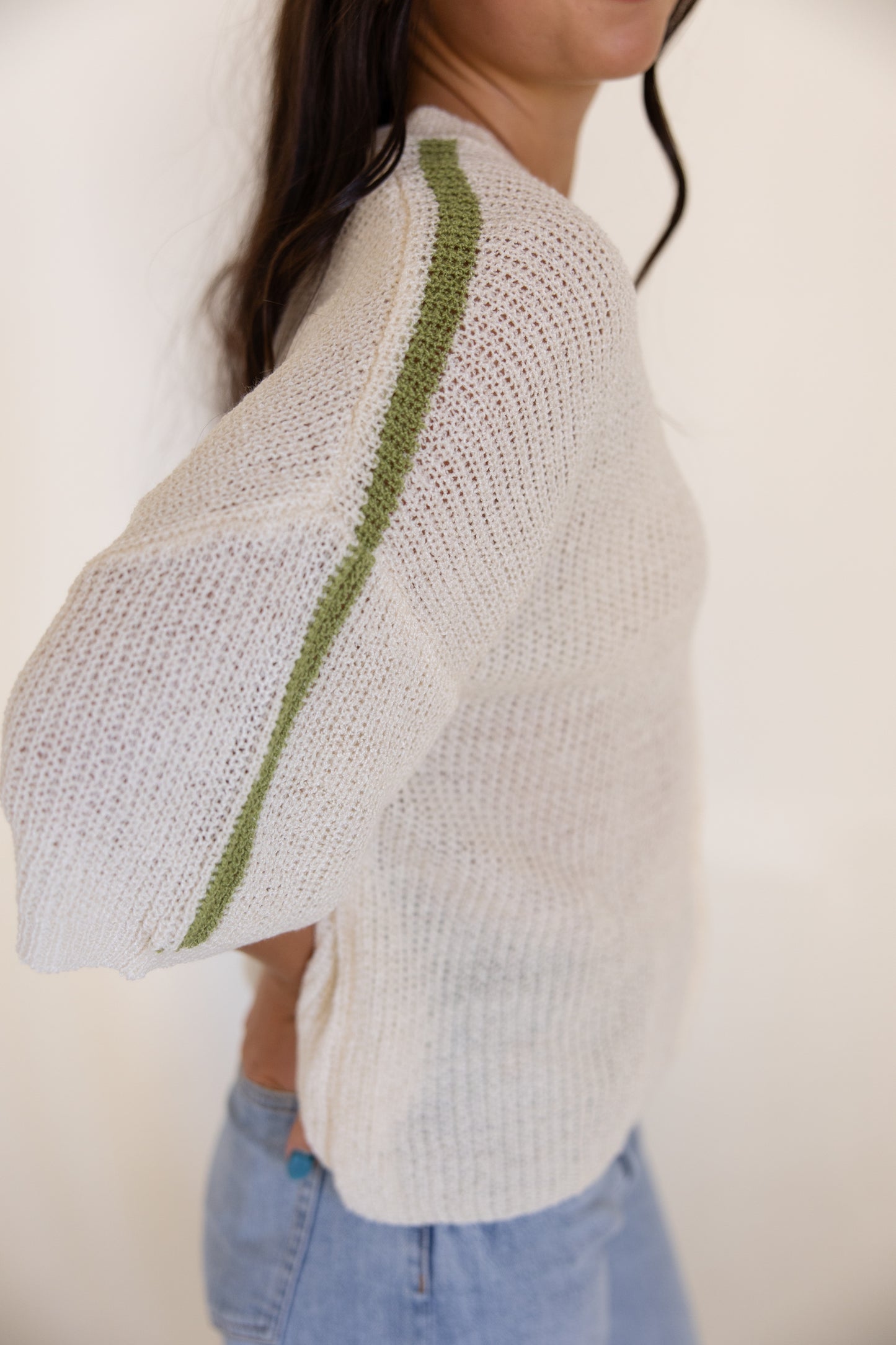 White w/Green Stripe Knit Sweater